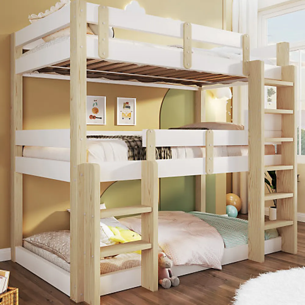 Lit superposé 90x190 cm - Lit triple - Avec échelle de sécurité - Blanc + naturel (matelas non inclus)>ModernLuxe Outlet