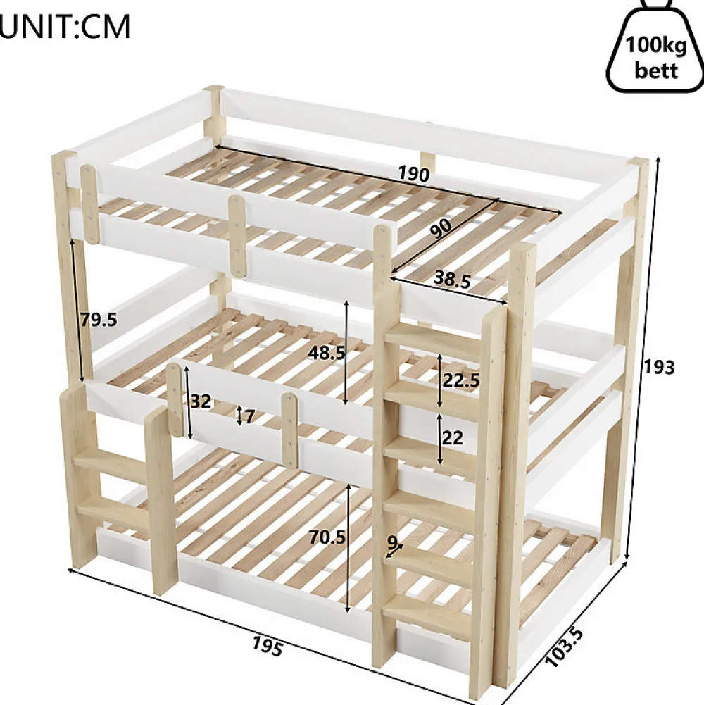 Lit superposé 90x190 cm - Lit triple - Avec échelle de sécurité - Blanc + naturel (matelas non inclus)>ModernLuxe Outlet