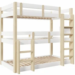 Lit superposé 90x190 cm - Lit triple - Avec échelle de sécurité - Blanc + naturel (matelas non inclus)><noscript><img width=