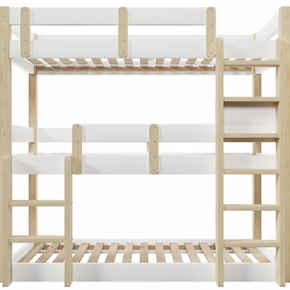 Lit superposé 90x190 cm - Lit triple - Avec échelle de sécurité - Blanc + naturel (matelas non inclus)>ModernLuxe Outlet