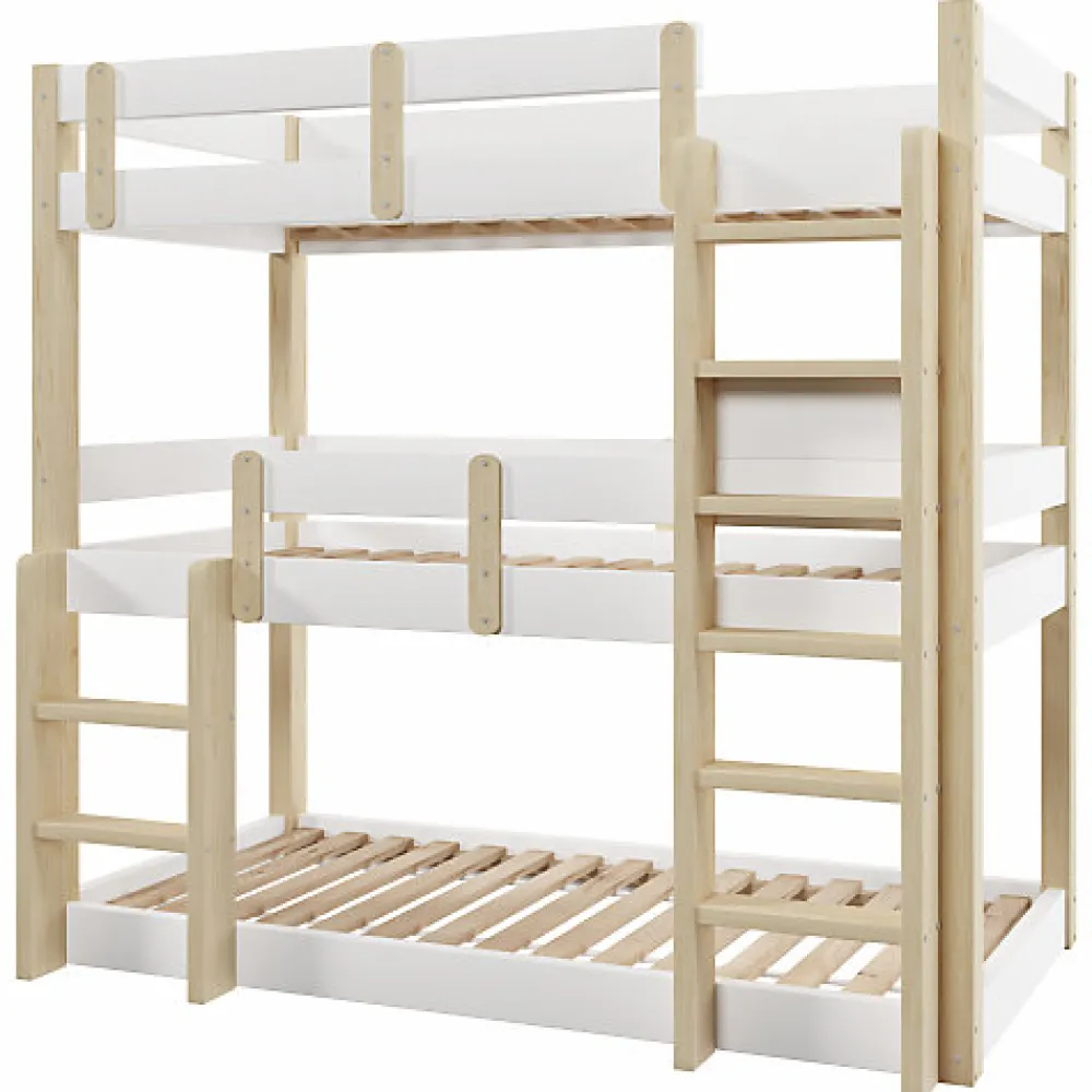 Lit superposé 90x190 cm - Lit triple - Avec échelle de sécurité - Blanc + naturel (matelas non inclus)>ModernLuxe Outlet