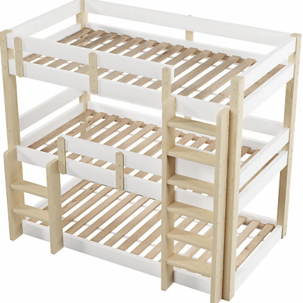 Lit superposé 90x190 cm - Lit triple - Avec échelle de sécurité - Blanc + naturel (matelas non inclus)>ModernLuxe Outlet
