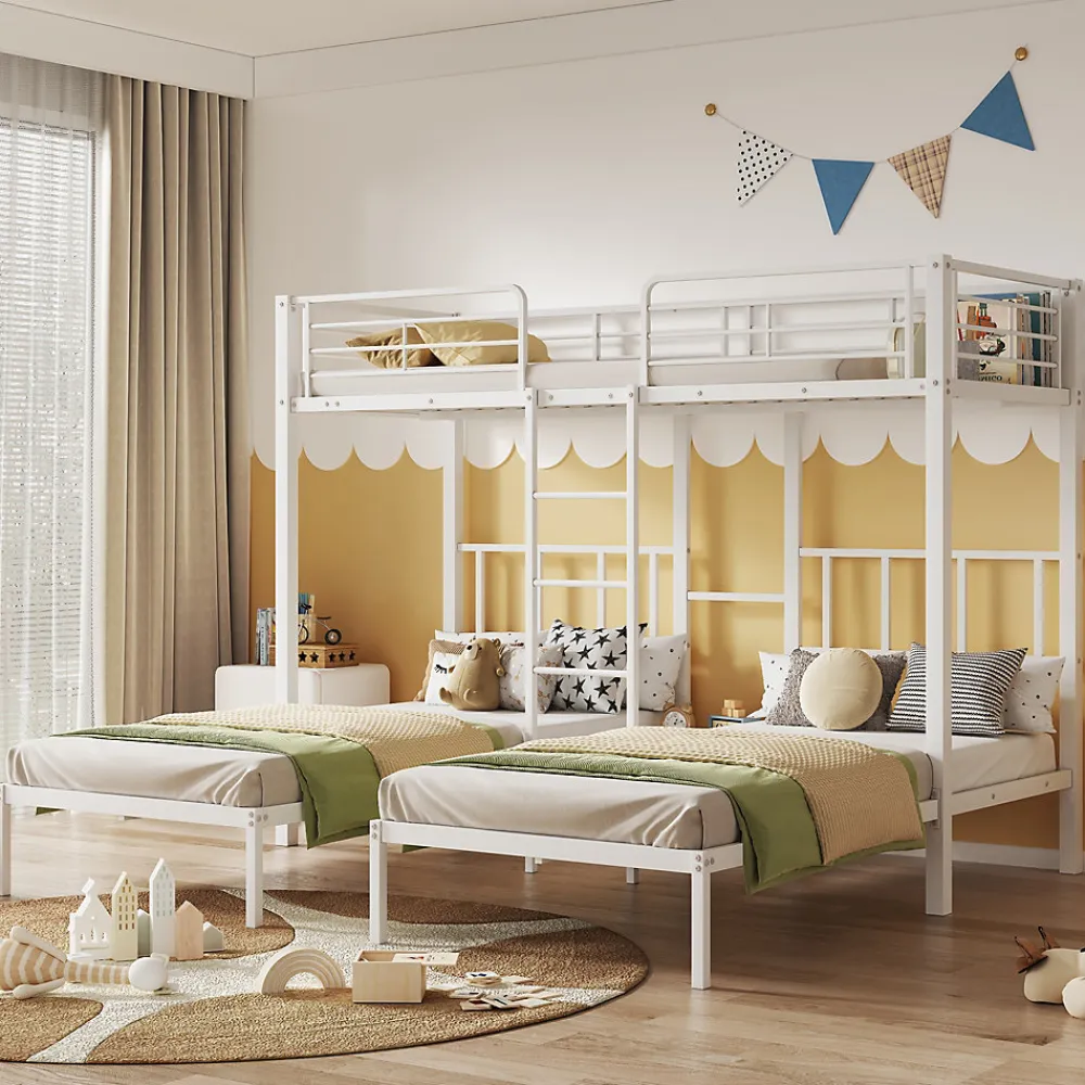Fortuna lai Lit superposé 90x200 cm, 3 lits, échelle, table, cadre métal, blanc*Enfant Lit Enfant