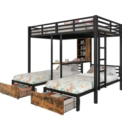 Okwish Lit superposé 140x200 cm + 90x200 cm - Lit avec rangement avec 2 tiroirs- Métal et MDF - Facile à monter - Sans matelas - Noir*Enfant Lit Enfant