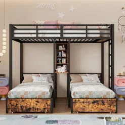Okwish Lit superposé 140x200 cm + 90x200 cm - Lit avec rangement avec 2 tiroirs- Métal et MDF - Facile à monter - Sans matelas - Noir*Enfant Lit Enfant