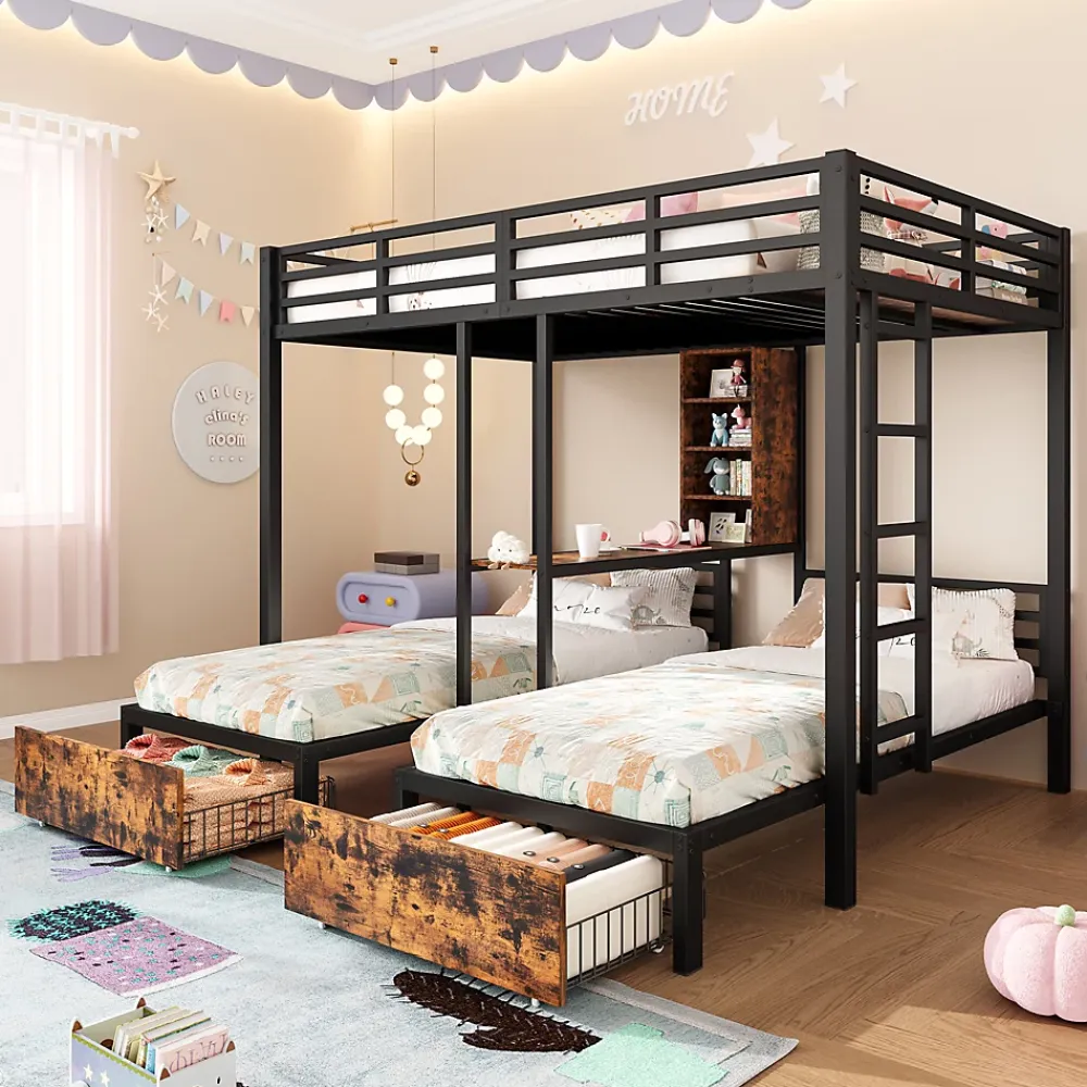 Okwish Lit superposé 140x200 cm + 90x200 cm - Lit avec rangement avec 2 tiroirs- Métal et MDF - Facile à monter - Sans matelas - Noir*Enfant Lit Enfant
