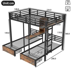 Okwish Lit superposé 140x200 cm + 90x200 cm - Lit avec rangement avec 2 tiroirs- Métal et MDF - Facile à monter - Sans matelas - Noir*Enfant Lit Enfant