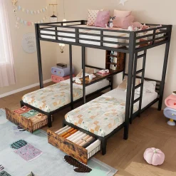 Okwish Lit superposé 140x200 cm + 90x200 cm - Lit avec rangement avec 2 tiroirs- Métal et MDF - Facile à monter - Sans matelas - Noir*Enfant Lit Enfant