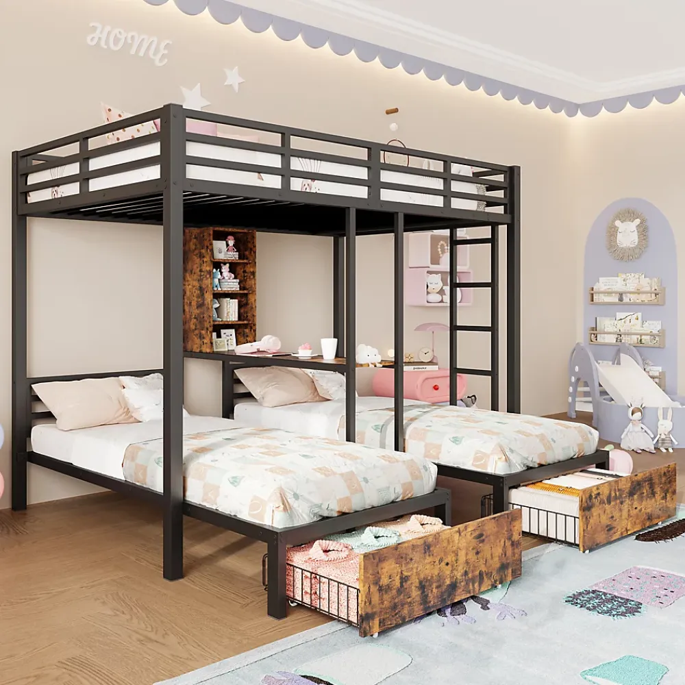 Okwish Lit superposé 140x200 cm + 90x200 cm - Lit avec rangement avec 2 tiroirs- Métal et MDF - Facile à monter - Sans matelas - Noir*Enfant Lit Enfant