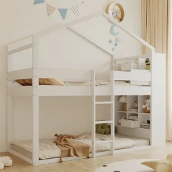ModernLuxe Lit superposé 90x200 cm avec 2 tiroirs - avec compartiments de rangement - avec sommier à lattes - blanc (sans matelas)*Enfant Lit Enfant