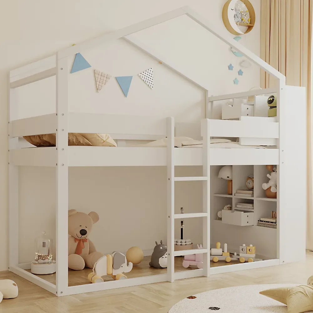 ModernLuxe Lit superposé 90x200 cm avec 2 tiroirs - avec compartiments de rangement - avec sommier à lattes - blanc (sans matelas)*Enfant Lit Enfant