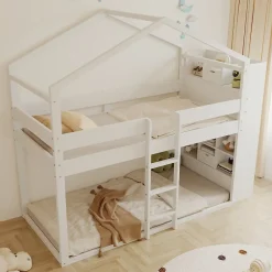 ModernLuxe Lit superposé 90x200 cm avec 2 tiroirs - avec compartiments de rangement - avec sommier à lattes - blanc (sans matelas)*Enfant Lit Enfant