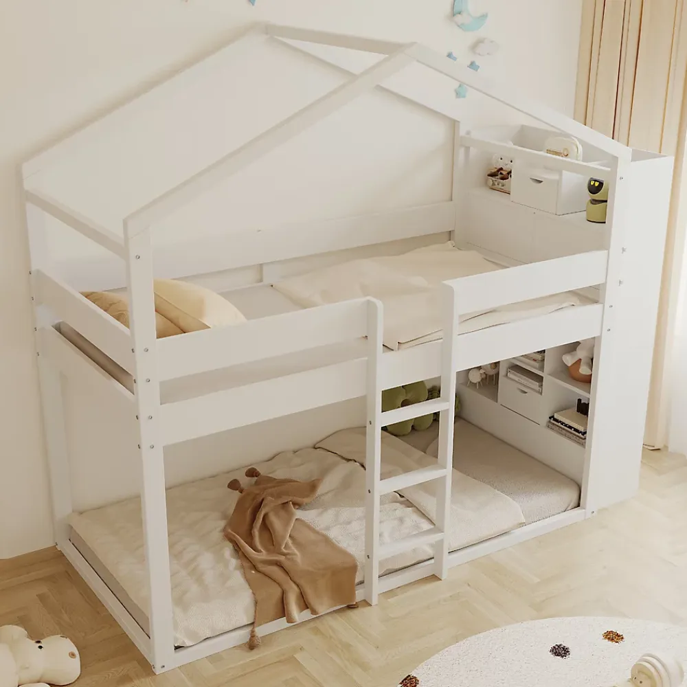 ModernLuxe Lit superposé 90x200 cm avec 2 tiroirs - avec compartiments de rangement - avec sommier à lattes - blanc (sans matelas)*Enfant Lit Enfant