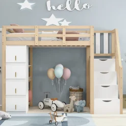 Lit superposé 90x200 cm avec 4 tiroirs et échelle sécurisée en bois massif, gain de place chambre enfant>Redom