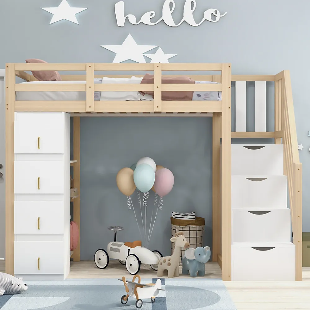 Lit superposé 90x200 cm avec 4 tiroirs et échelle sécurisée en bois massif, gain de place chambre enfant>Redom