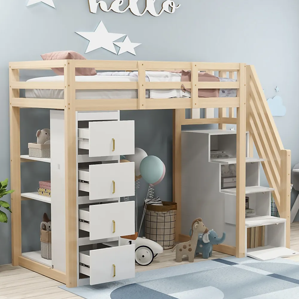 Lit superposé 90x200 cm avec 4 tiroirs et échelle sécurisée en bois massif, gain de place chambre enfant>Redom