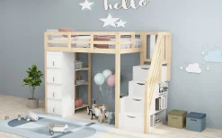 Lit superposé 90x200 cm avec 4 tiroirs et échelle sécurisée en bois massif, gain de place chambre enfant><noscript><img width=
