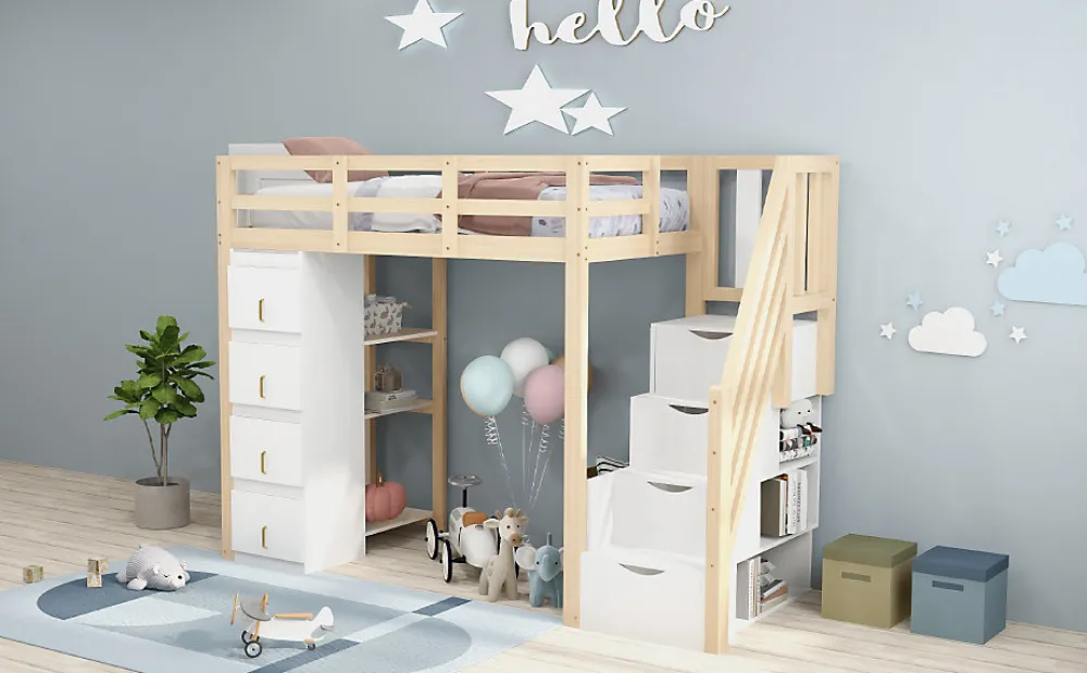 Lit superposé 90x200 cm avec 4 tiroirs et échelle sécurisée en bois massif, gain de place chambre enfant>Redom