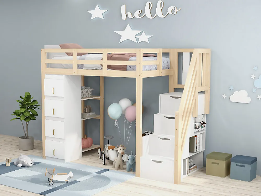 Lit superposé 90x200 cm avec 4 tiroirs et échelle sécurisée en bois massif, gain de place chambre enfant>Redom