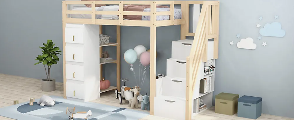 Lit superposé 90x200 cm avec 4 tiroirs et échelle sécurisée en bois massif, gain de place chambre enfant>Redom
