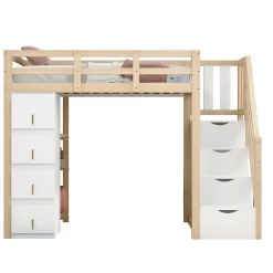 Lit superposé 90x200 cm avec 4 tiroirs et échelle sécurisée en bois massif, gain de place chambre enfant><noscript><img width=