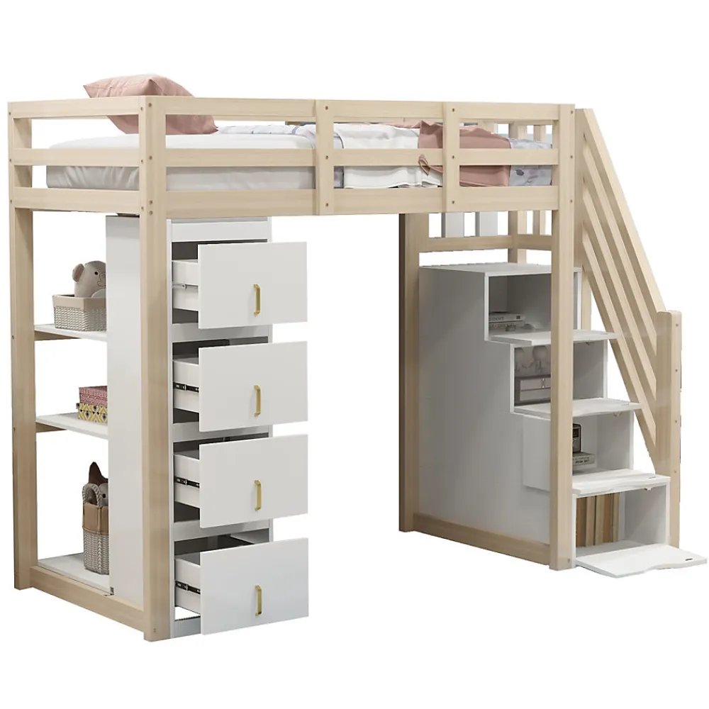 Lit superposé 90x200 cm avec 4 tiroirs et échelle sécurisée en bois massif, gain de place chambre enfant>Redom