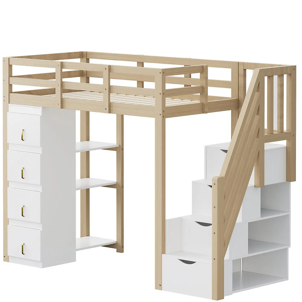 Lit superposé 90x200 cm avec 4 tiroirs et échelle sécurisée en bois massif, gain de place chambre enfant>Redom