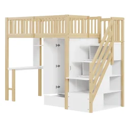 Redom Lit superposé 90x200 cm avec armoire et bureau intégrés, structure bois massif blanc/naturel, gain de place*Enfant Lit Enfant