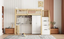 Redom Lit superposé 90x200 cm avec armoire et bureau intégrés, structure bois massif blanc/naturel, gain de place*Enfant Lit Enfant