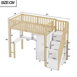 Redom Lit superposé 90x200 cm avec armoire et bureau intégrés, structure bois massif blanc/naturel, gain de place*Enfant Lit Enfant