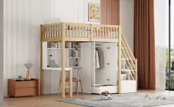 Redom Lit superposé 90x200 cm avec armoire et bureau intégrés, structure bois massif blanc/naturel, gain de place*Enfant Lit Enfant
