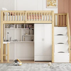Redom Lit superposé 90x200 cm avec armoire et bureau intégrés, structure bois massif blanc/naturel, gain de place*Enfant Lit Enfant