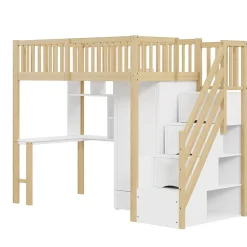 Redom Lit superposé 90x200 cm avec armoire et bureau intégrés, structure bois massif blanc/naturel, gain de place*Enfant Lit Enfant