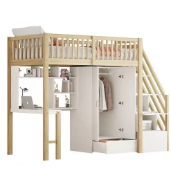 Redom Lit superposé 90x200 cm avec armoire et bureau intégrés, structure bois massif blanc/naturel, gain de place*Enfant Lit Enfant