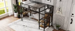 Redom Lit superposé 90x200 cm avec armoire intégrée et échelle latérale, structure métal et MDF, noir/noyer foncé*Enfant Lit Enfant