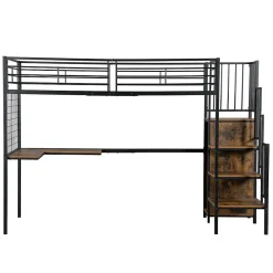 Redom Lit superposé 90x200 cm avec armoire intégrée et échelle latérale, structure métal et MDF, noir/noyer foncé*Enfant Lit Enfant