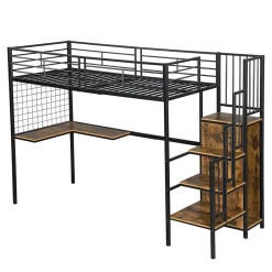 Redom Lit superposé 90x200 cm avec armoire intégrée et échelle latérale, structure métal et MDF, noir/noyer foncé*Enfant Lit Enfant
