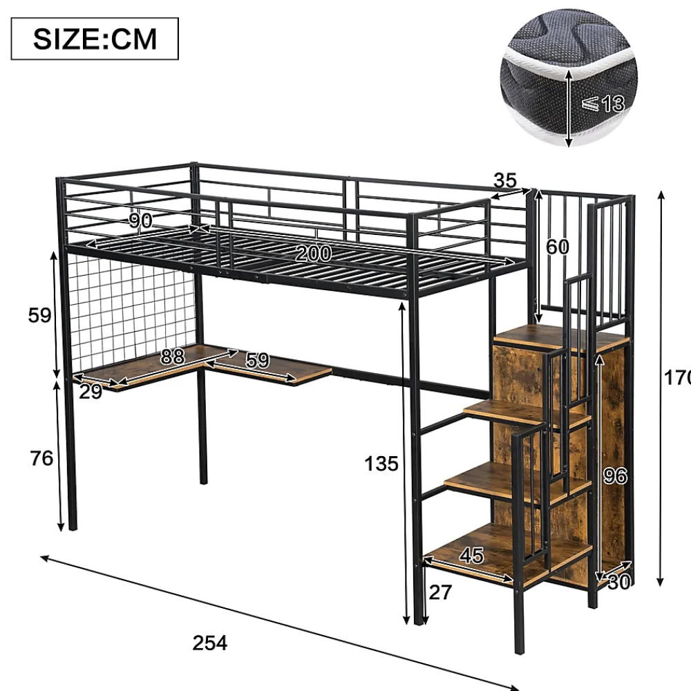 Redom Lit superposé 90x200 cm avec armoire intégrée et échelle latérale, structure métal et MDF, noir/noyer foncé*Enfant Lit Enfant