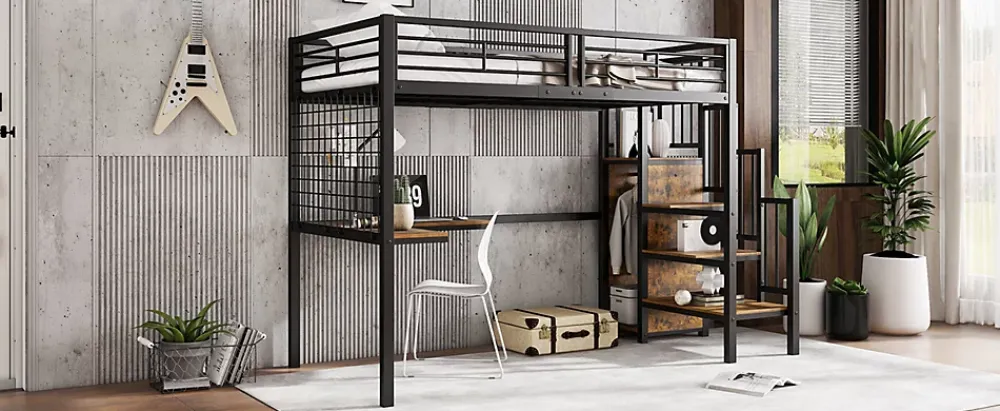 Redom Lit superposé 90x200 cm avec armoire intégrée et échelle latérale, structure métal et MDF, noir/noyer foncé*Enfant Lit Enfant