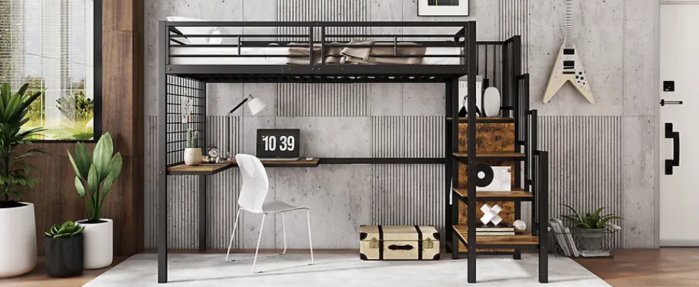 Redom Lit superposé 90x200 cm avec armoire intégrée et échelle latérale, structure métal et MDF, noir/noyer foncé*Enfant Lit Enfant