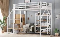 Lit superposé 90x200 cm avec armoire d'angle, étagère roulante et garde-corps, structure métal/MDF><noscript><img width=