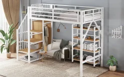 Lit superposé 90x200 cm avec armoire d'angle, étagère roulante et garde-corps, structure métal/MDF><noscript><img width=