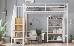 Lit superposé 90x200 cm avec armoire d'angle, étagère roulante et garde-corps, structure métal/MDF><noscript><img width=