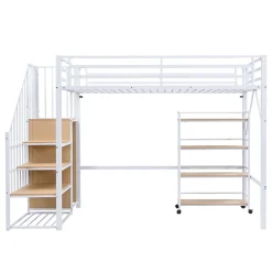Lit superposé 90x200 cm avec armoire d'angle, étagère roulante et garde-corps, structure métal/MDF><noscript><img width=
