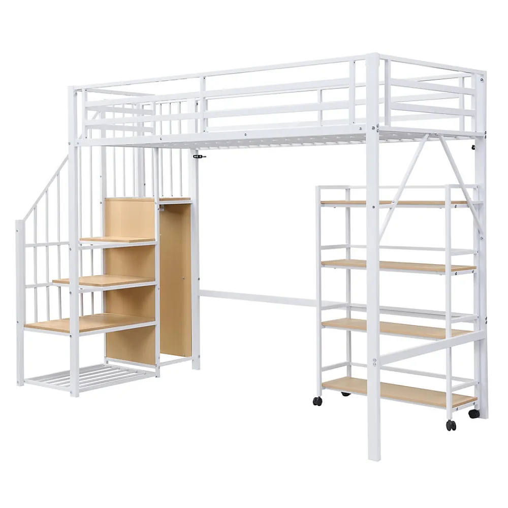 Lit superposé 90x200 cm avec armoire d'angle, étagère roulante et garde-corps, structure métal/MDF>Redom Best