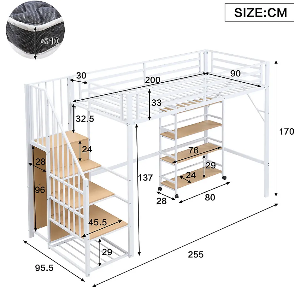 Lit superposé 90x200 cm avec armoire d'angle, étagère roulante et garde-corps, structure métal/MDF>Redom Best