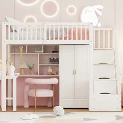 Lit superposé 90x200 cm avec armoire et bureau intégrés, escalier tiroirs en bois massif blanc, gain de place>Redom Online