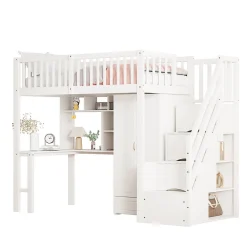 Lit superposé 90x200 cm avec armoire et bureau intégrés, escalier tiroirs en bois massif blanc, gain de place><noscript><img width=