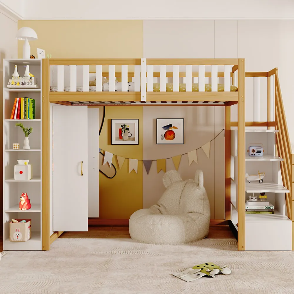 Lit superposé 90x200 cm avec armoire intégrée et échelle à tiroirs en bois massif, blanc et bois naturel>Redom Clearance