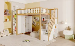 Lit superposé 90x200 cm avec armoire intégrée et échelle à tiroirs en bois massif, blanc et bois naturel><noscript><img width=